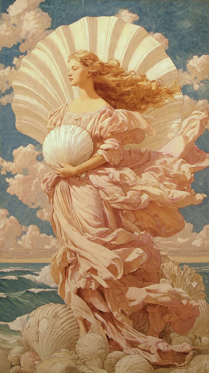 Ilustração de Afrodite com vestido rosa e conchas diante do mar